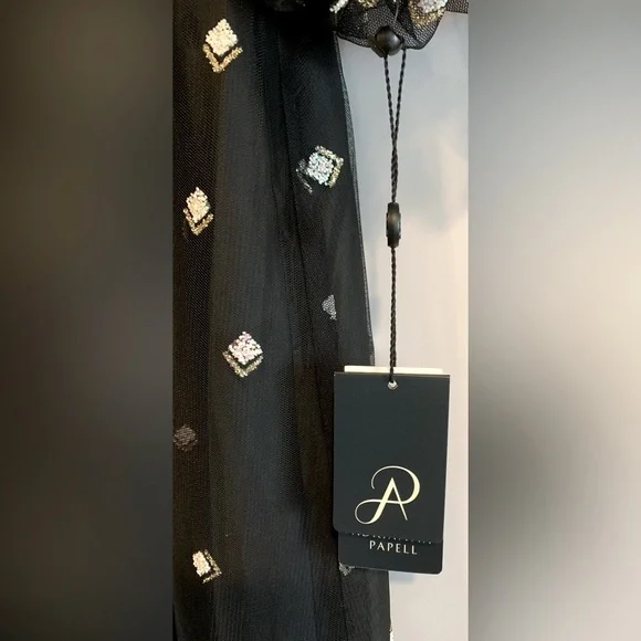 NWT, Adrianna Papell "Glitter Tulle Long Dress" in Black w/ Puff Sleeve, Size 8 - Picture 11 of 12